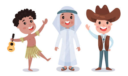 Children Wearing National Costumes of Different Countries Vector Illustration Setのイラスト素材