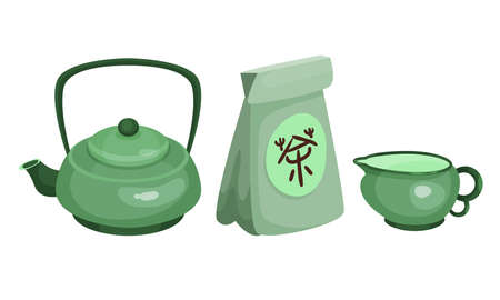 Teapot and Matcha Drink Package for Tea Ceremony Vector Setのイラスト素材