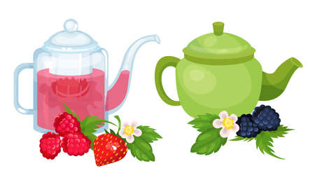Glass Teapots with Aromatic and Spicy Fruit Tea with Raspberry and Strawberry Rested Nearby Vector Setのイラスト素材