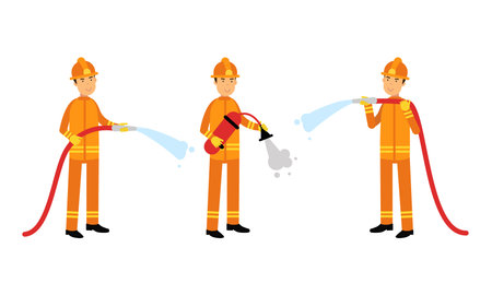 Fireman in Orange Uniform with Hosepipe and Fire Extinguisher Working Vector Illustration Setのイラスト素材