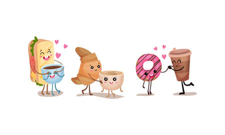 Kawaii Coffee Cup Holding Hands with Croissant and Doughnut Vector Setのイラスト素材