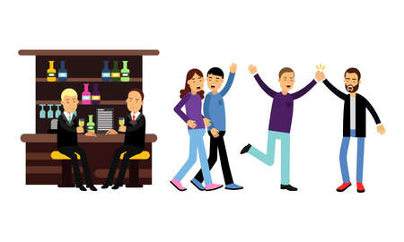 Woman and Man Friends Sitting in Bar Drinking Alcohol and Walking Vector Illustration Setのイラスト素材