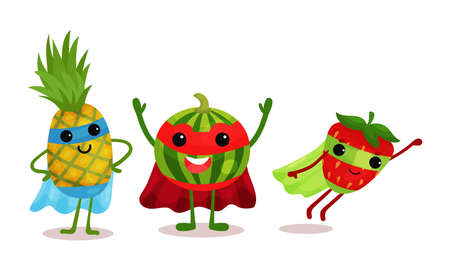 Funny Fruits Wearing Superhero Cloak Vector Illustration Setのイラスト素材