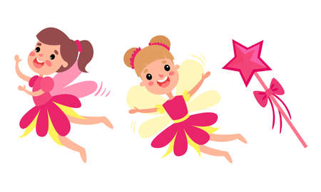 Fairy Attributes with Flying Pixie and Magical Wand Vector Setのイラスト素材