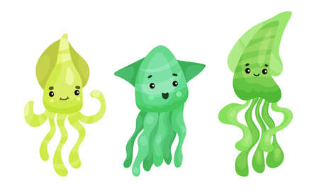 Adorable Jellyfish Characters Isolated on White Background Vector Setのイラスト素材