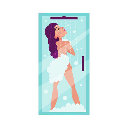 Young Naked Woman Standing in Shower Unit and Washing Vector Illustrationのイラスト素材