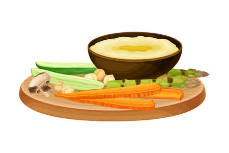 Hummus Served in Bowl with Vegetables Rested on Wooden Board Vector Illustrationのイラスト素材