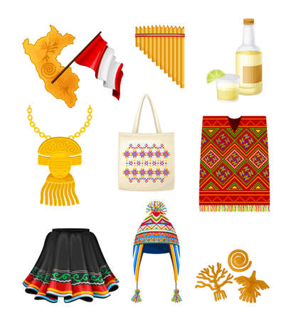Peru Country Attributes with National Clothing and Beverage Vector Setのイラスト素材