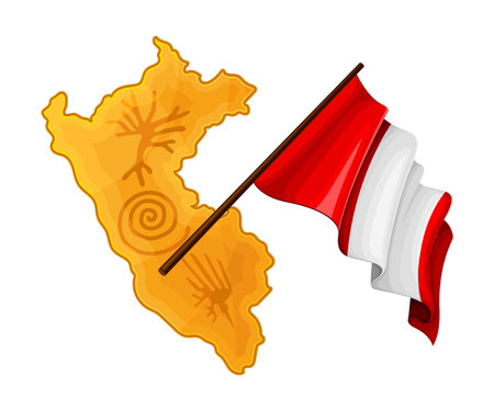 Flag of Peru Waving on Pole and Country Border Vector Illustrationのイラスト素材
