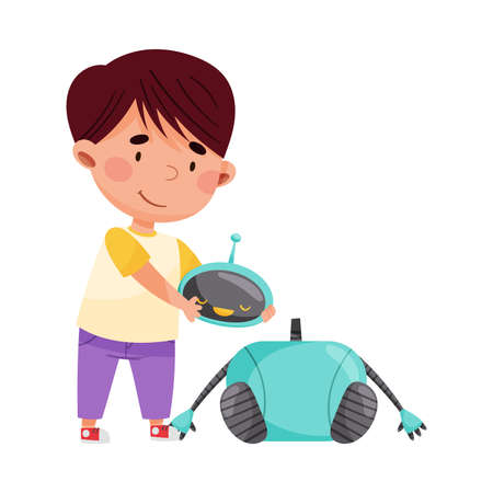 Little Boy Engineering and Creating Robot Vector Illustrationのイラスト素材
