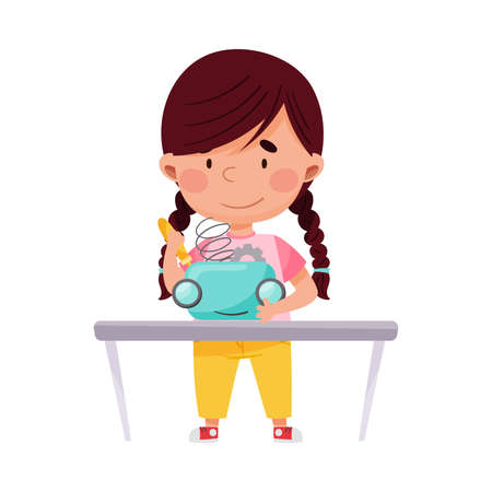 Little Girl Engineering and Creating Robot Vector Illustrationのイラスト素材