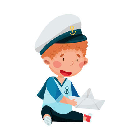 Funny Boy Wearing Mariner Costume and Forage Cap Playing Sailor Vector Illustrationのイラスト素材
