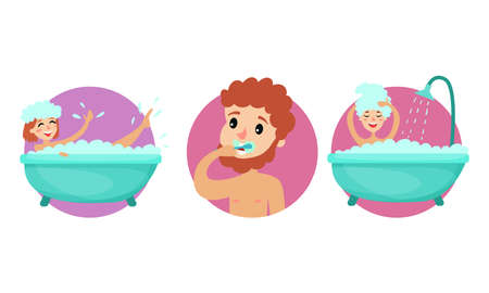 Male Brushing His Teeth and Female Bathing in Bathtub Vector Illustration Setのイラスト素材