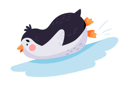 Funny Penguin Sliding Down the Ice Hill Vector Illustrationのイラスト素材