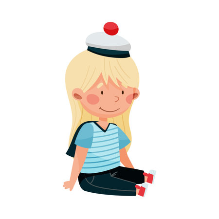 Cheerful Little Girl in Mariner Striped Vest and Peakless Hat Sitting Vector Illustrationのイラスト素材