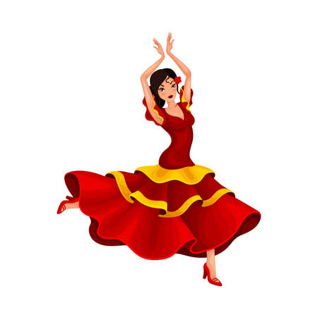 Young Woman in Bright Red Dress Dancing Flamenco Vector Illustrationのイラスト素材