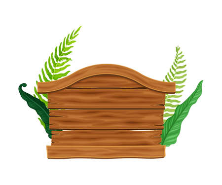 Wooden Sign or Billboard with Green Fern Leaves Behind as Rustic Destination Pointing and Advertisement Vector Illustrationのイラスト素材