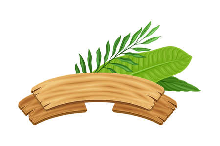 Wooden Sign or Billboard with Green Fern Leaves Behind as Rustic Destination Pointing and Advertisement Vector Illustrationのイラスト素材