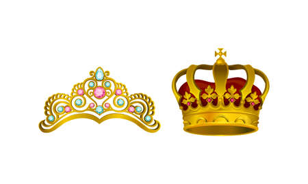Golden Gem-incrusted Crowns as Monarch Head Adornment Vector Setのイラスト素材