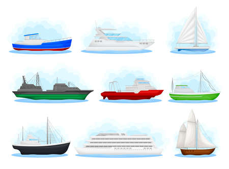 Water Transport with Cruise Ship and Sail Boat Vector Setのイラスト素材
