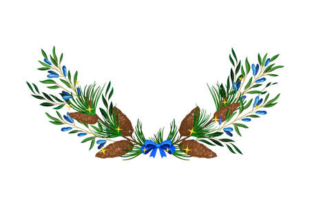 Evergreen Coniferous Tree Branches and Honeyberry Twigs Semicircular Vector Compositionのイラスト素材