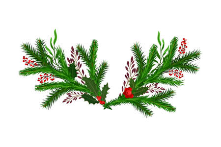 Bright Coniferous Tree Branch and Holly Berry Arranged in Semicircular Vector Compositionのイラスト素材