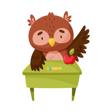 Funny Owl Sitting at Desk and Raising Wing Vector Illustrationのイラスト素材