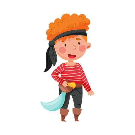 Cheerful Boy in Pirate Costume with Tied Bandana and Sword Vector Illustrationのイラスト素材