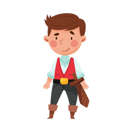 Funny Boy Standing in Pirate Costume and Wooden Sword Vector Illustrationのイラスト素材