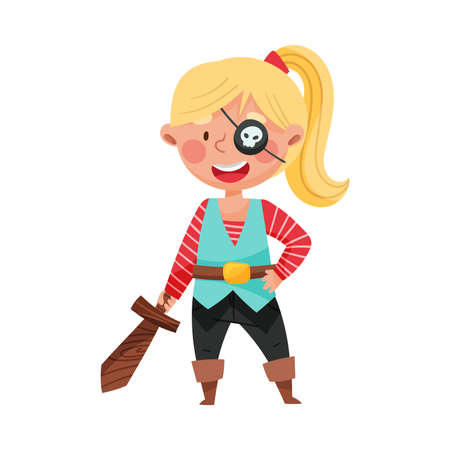 Funny Girl Standing in Pirate Costume and Wooden Sword Vector Illustrationのイラスト素材