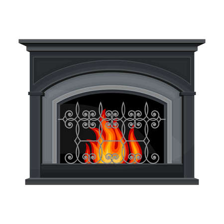 Stone Fireplace or Hearth with Mantelpiece and Burning Fire Vector Illustrationのイラスト素材