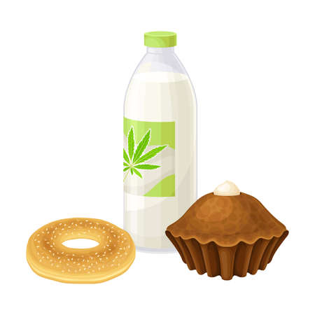 Hemp Milk and Pastry with Hemp Ingredient as Organic Food Product Vector Illustrationのイラスト素材