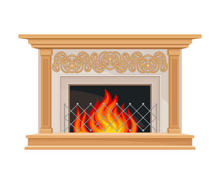 Stone Fireplace or Hearth with Mantelpiece and Burning Fire Vector Illustrationのイラスト素材