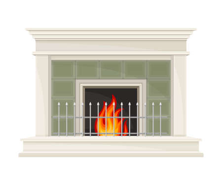 Stone Fireplace or Hearth with Mantelpiece and Burning Fire Vector Illustrationのイラスト素材