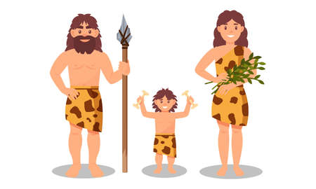People Characters from Stone Age Wearing Animal Skin and Holding Spear Vector Illustration Setのイラスト素材