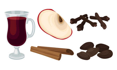 Ingredients for Mulled Wine or Spiced Wine with Cardamon and Apple Vector Setのイラスト素材