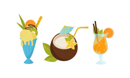Tropical Cocktail in Coconut and Glass with Straw Vector Setのイラスト素材