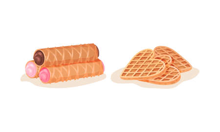 Heart Shaped Waffle with Textured Surface and Stuffed Wafer Rolls Vector Setのイラスト素材