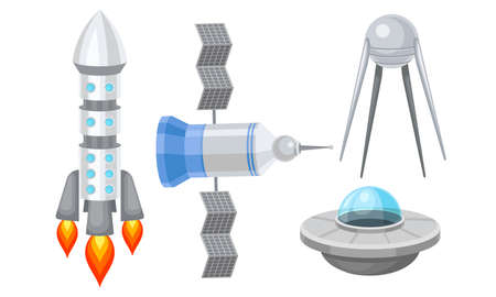 Orbital Artificial Satellites and Space Shuttle Vector Setのイラスト素材