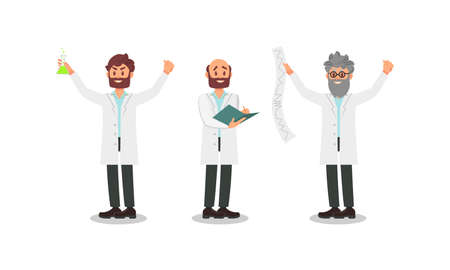 Bearded Man Scientists in White Gown Holding Flask and Writing Research Vector Illustration Setのイラスト素材