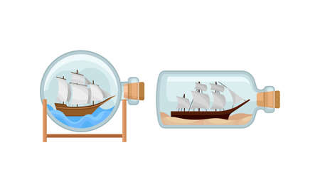Ship and Watercraft in Glass Corked Bottle Vector Setのイラスト素材