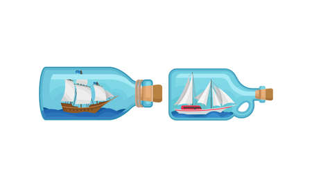Ship and Watercraft in Glass Corked Bottle Vector Setのイラスト素材