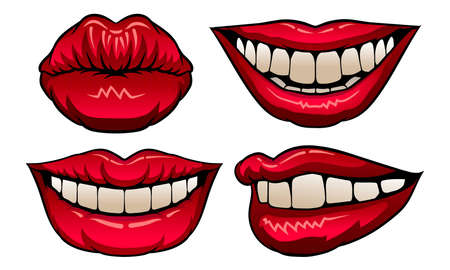Red Upper and Lower Lips Closed and Showing Teeth in Smile Vector Setのイラスト素材