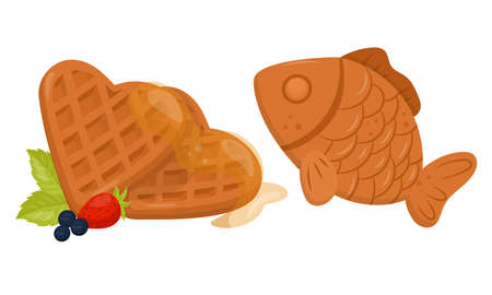 Heart Shaped Waffle with Textured Surface and Syrup Vector Setのイラスト素材