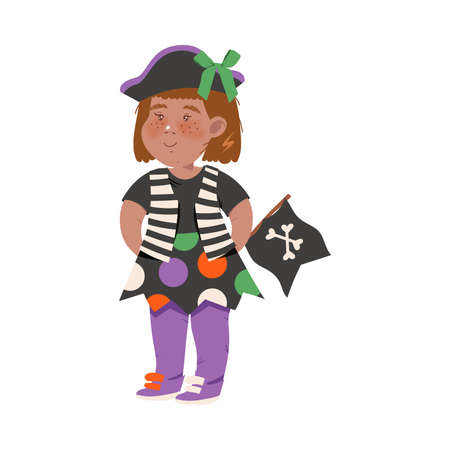Cute Little Girl Dressed as Pirate, Happy Halloween Party Festival with Kid Trick or Treating Cartoon Vector Illustrationのイラスト素材