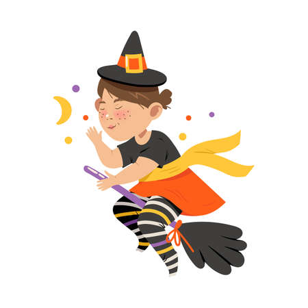 Cute Girl in Witch Halloween Costume, Little Child Flying with Broom , Happy Halloween Party Festival with Kid Trick or Treating Cartoon Vector Illustrationのイラスト素材