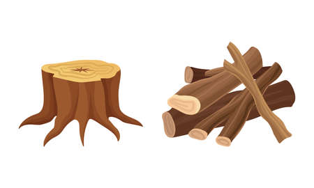 Firewood and Wooden Material Used for Fuel Vector Setのイラスト素材