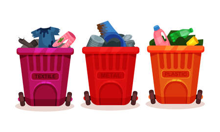 Trash Bins Full of Sorted Garbage Vector Setのイラスト素材