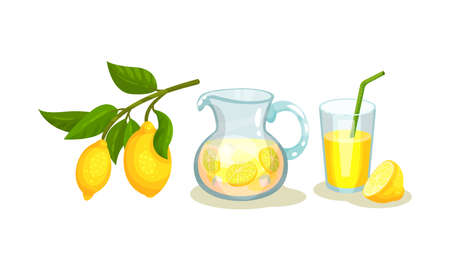 Lemon Juice in Glass with Straw and Refreshing Drink in Jar Vector Setのイラスト素材