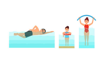 People Characters Swimming and Doing Water Sport Vector Illustration Setのイラスト素材